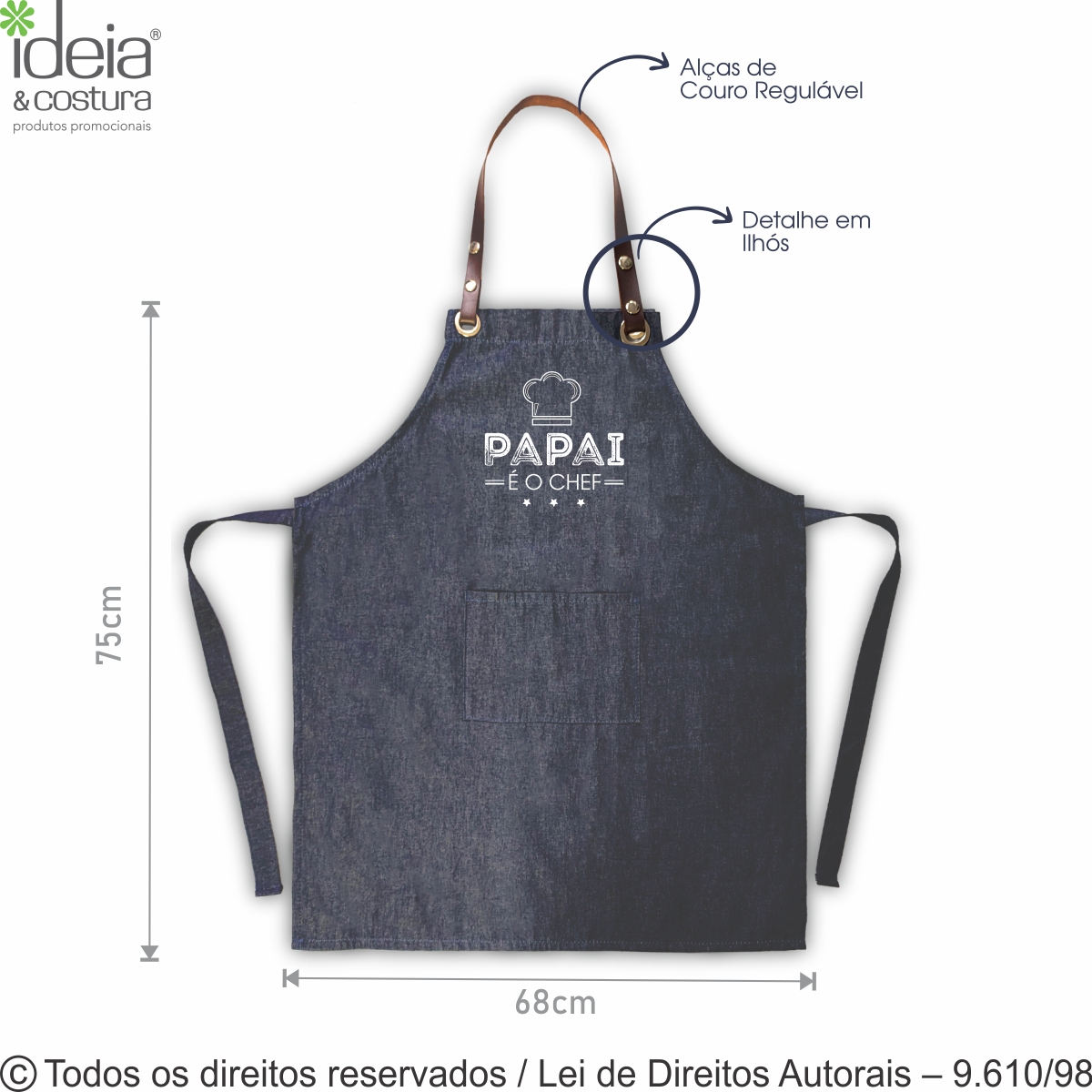 AVENTAL JEANS COM ALÇA DE COURO REGULAVEL REMOVIVEL 68X75CM AV27